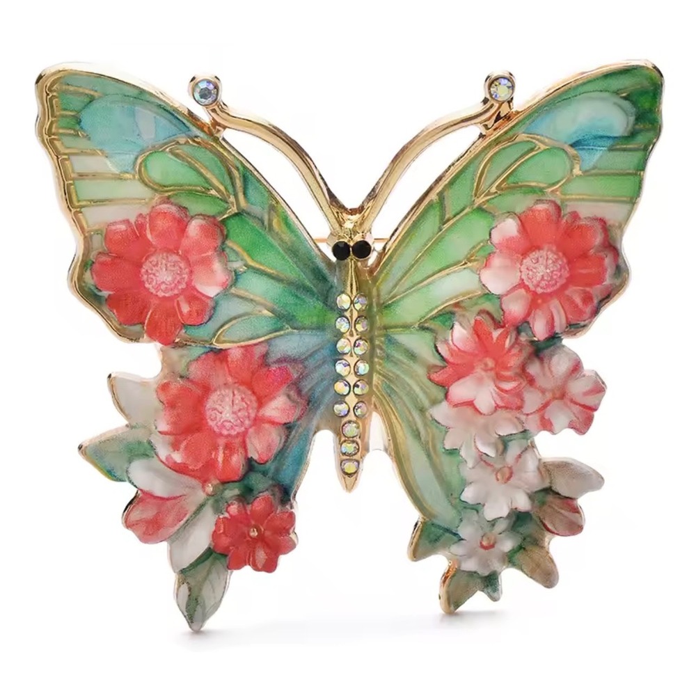 Vintage Style Enamel Butterfly Brooch Gold Tone Rhinestone Floral Garden Pin‎